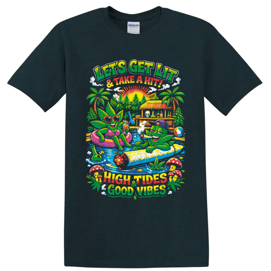 Retro cannabis leaf characters at a tropical pool party with High Tides Good Vibes text on a Midnight (Green) T Shirt