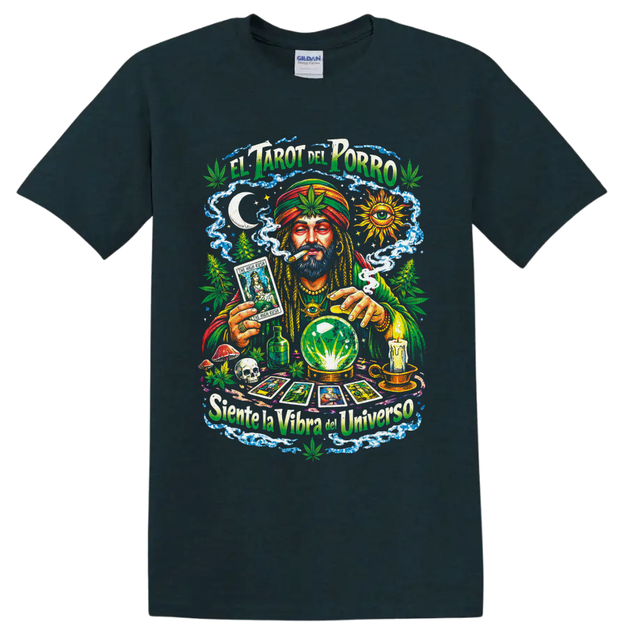 Psychedelic cannabis tarot reader with crystal ball and El Tarot del Porro text on a Midnight (Green) T Shirt