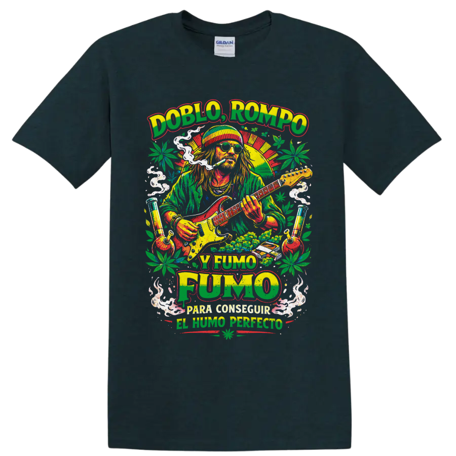 Doblo Rompo y Fumo guitarist with smoke, cannabis leaves, and retro poster art on a Midnight (Green) T Shirt