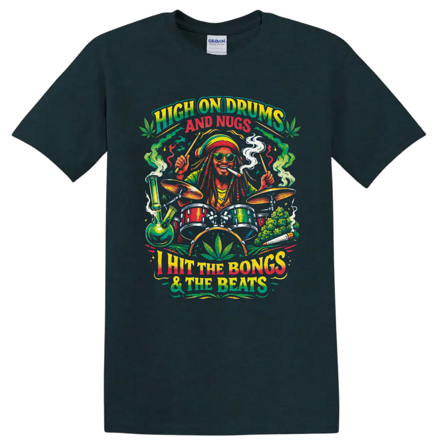Colorful cannabis drummer graphic with bong, drum kit, buds, and High on Drums and Nugs on a Midnight (Green) T Shirt