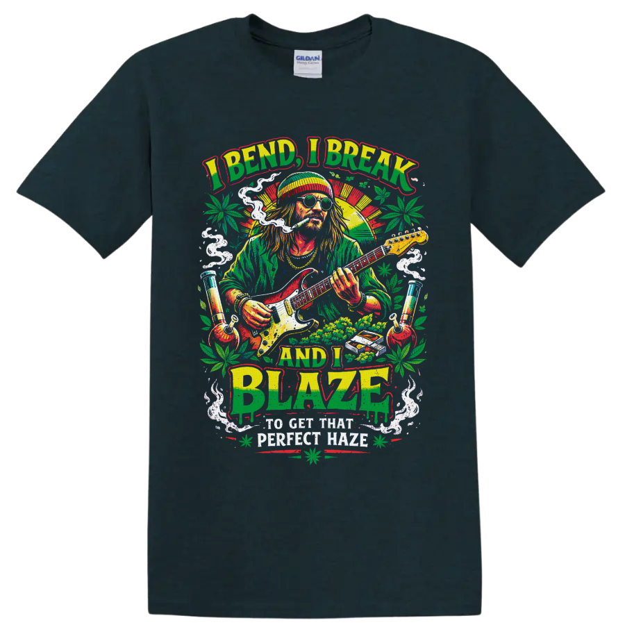 Retro cannabis guitarist graphic with smoke, leaves, water pipes, and I Bend I Break and on a Midnight (Green) T Shirt