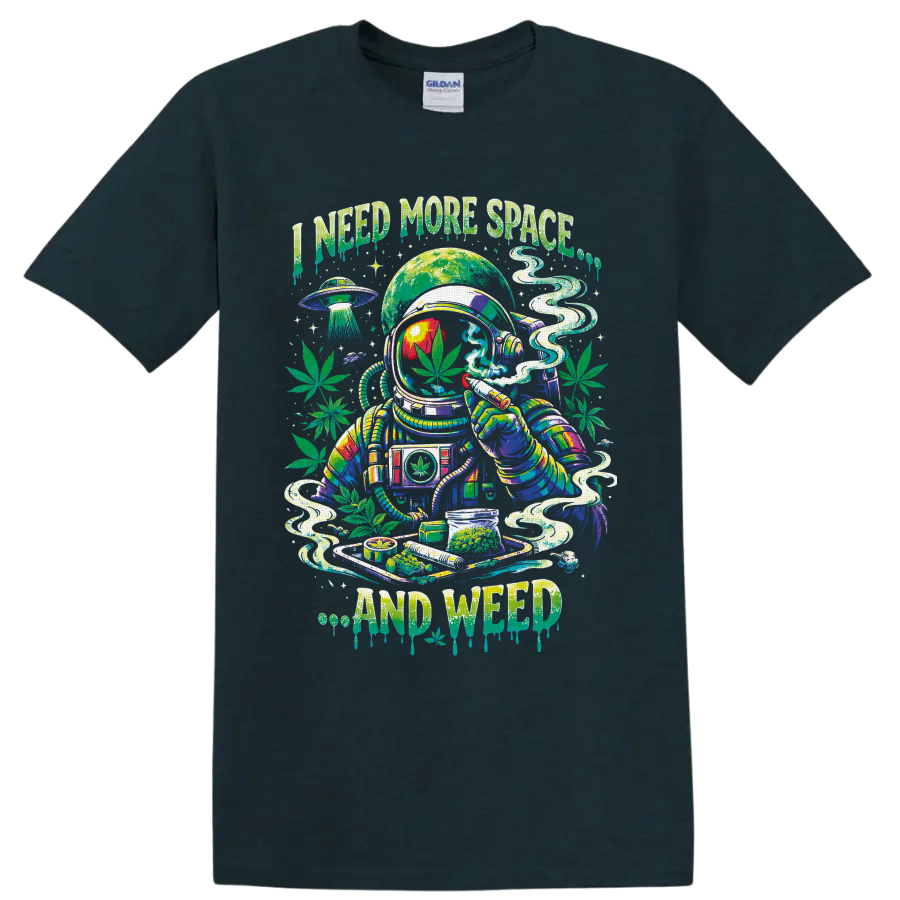 Psychedelic astronaut with cannabis leaves, UFO, smoke, and I Need More Space and Weed on a Midnight (Green) T Shirt