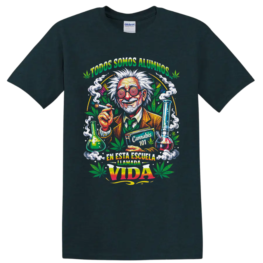 Psychedelic mad scientist Cannabis 101 graphic with leaves, smoke, and lab glassware on a Midnight (Green) T Shirt