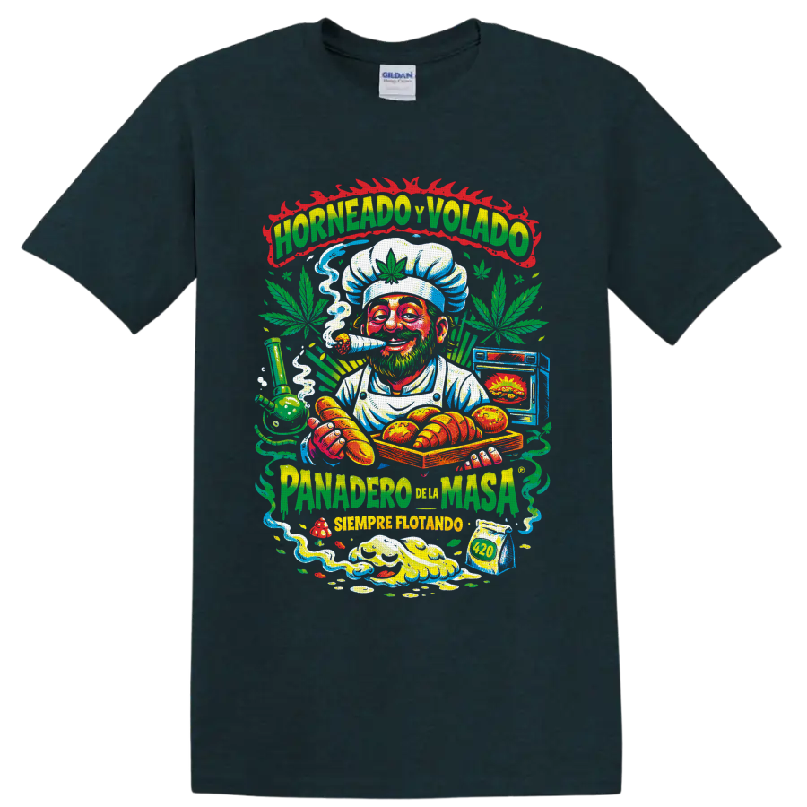 Colorful 420 cannabis baker chef graphic with pastries, leaves, smoke, and Spanish text on a Midnight (Green) T Shirt