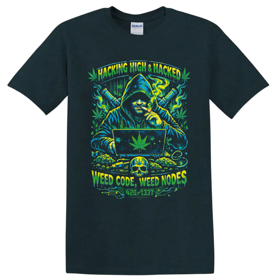 Hacking High wizard with cannabis leaves, smoke, computer, skull, and water pipes on a Midnight (Green) T Shirt