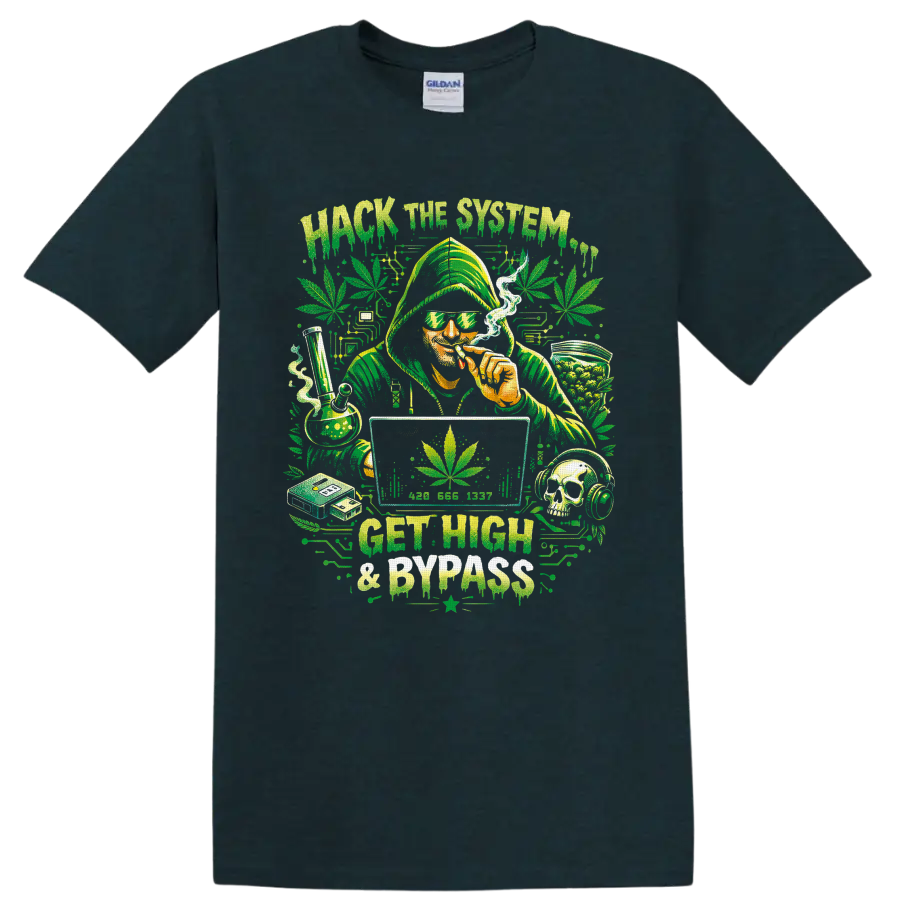 Hooded cannabis smoker with bong, computer, skull headphones, and Hack the System text on a Midnight (Green) T Shirt