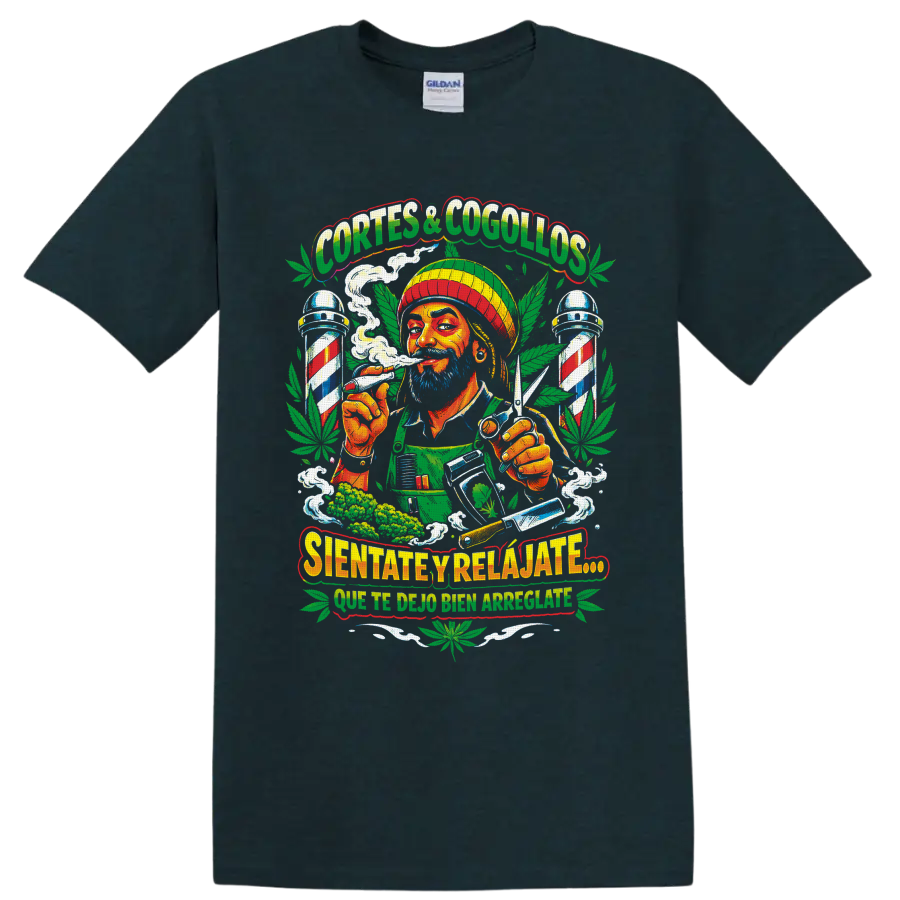 Colorful cannabis barber illustration with scissors, striped poles, smoke, and leaves on a Midnight (Green) T Shirt