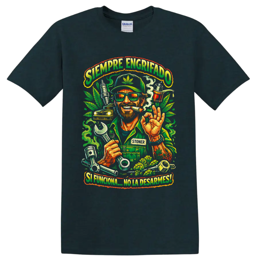 Cannabis mechanic with wrench, leaves, engine parts, and Siempre Engrifado lettering on a Midnight (Green) T Shirt