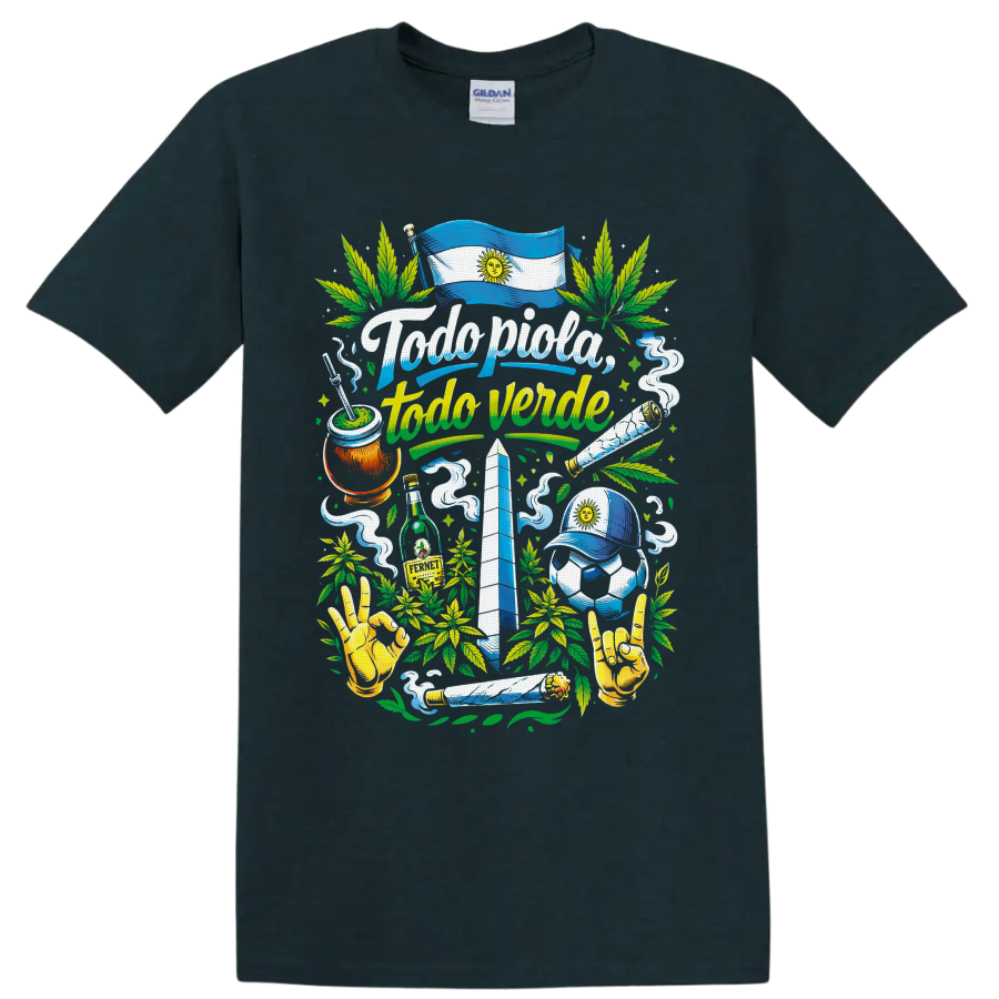Argentina 420 collage with sun flag, mate, soccer, obelisk, cannabis leaves and smoke on a Midnight (Green) T Shirt