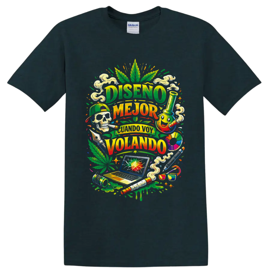 Colorful cannabis culture collage with Spanish lettering, leaf, skull, bong, and laptop on a Midnight (Green) T Shirt