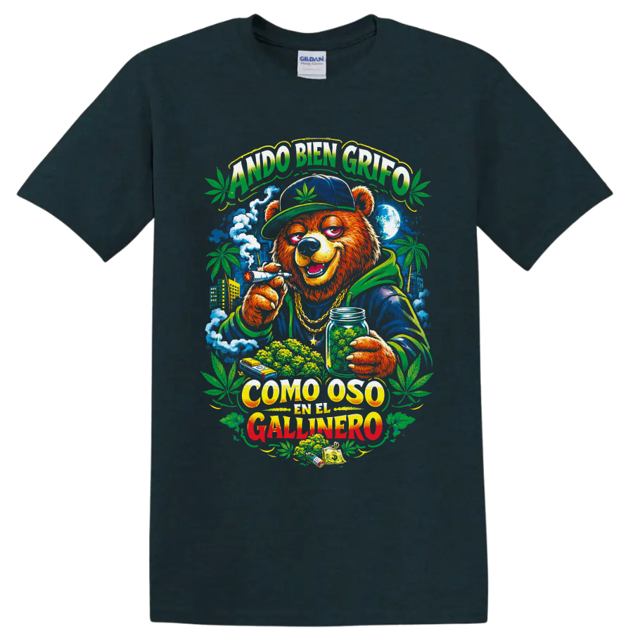 Cannabis bear street-art graphic with Spanish text, city skyline, leaves, and smoke on a Midnight (Green) T Shirt