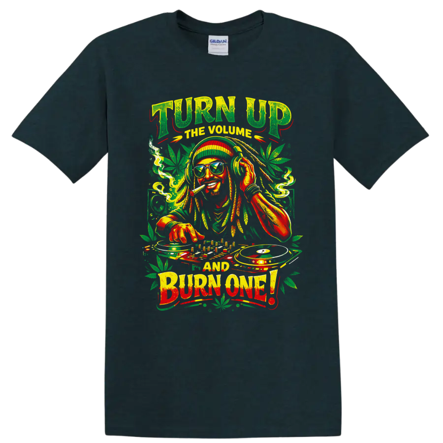 Cannabis DJ with turntables, headphones, leaves, and Turn Up the Volume Burn One text on a Midnight (Green) T Shirt