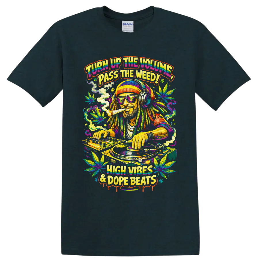 Psychedelic cannabis DJ at turntables with leaves and High Vibes & Dope Beats text on a Midnight (Green) T Shirt