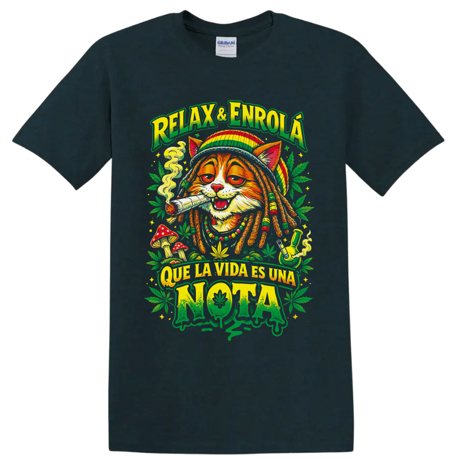 Rasta cat cannabis graphic with smoke, mushrooms, leaves, and Que La Vida Es Una Nota text on a Midnight (Green) T Shirt