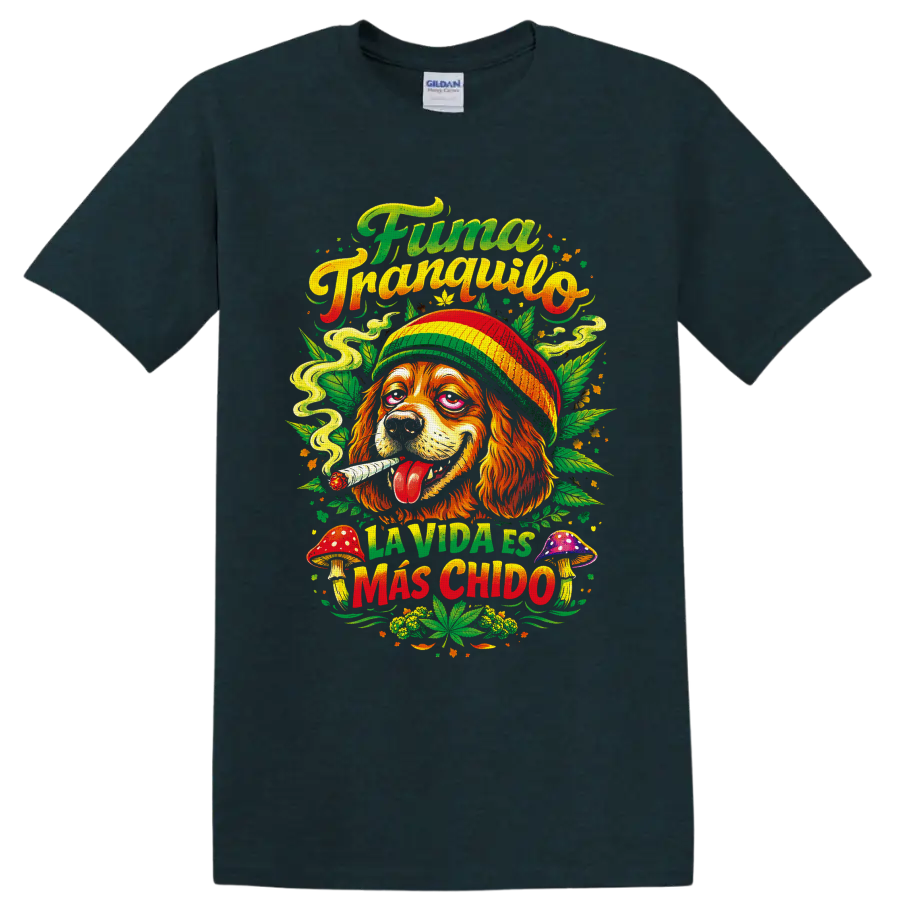 Psychedelic cannabis dog in striped hat with mushrooms and Fuma Tranquilo lettering on a Midnight (Green) T Shirt