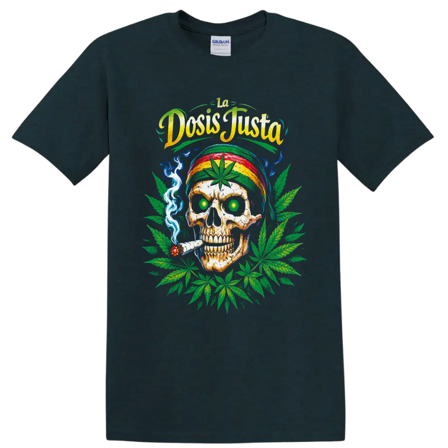 Cannabis skull graphic with striped cap, smoke, leaves, and La Dosis Justa text on a Midnight (Green) T Shirt