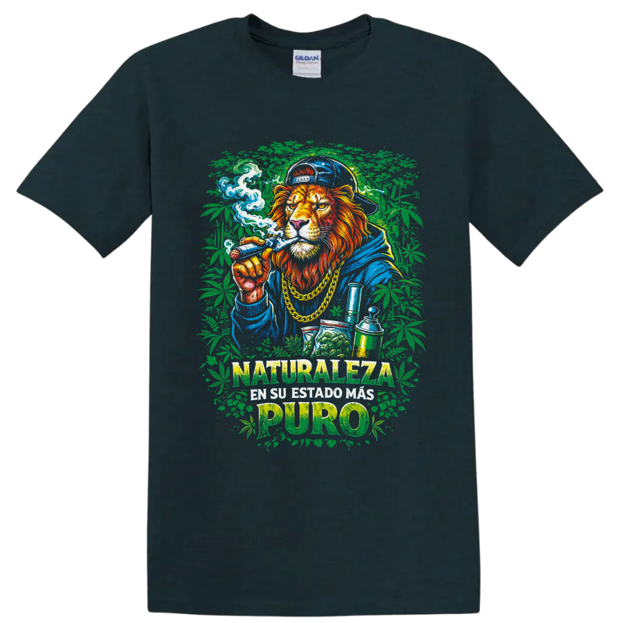Street-art lion with cannabis leaves and Naturaleza en su estado mas puro text on a Midnight (Green) T Shirt