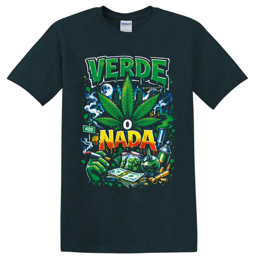 VERDE O NADA cannabis leaf street-art graphic with smoke, skyline, cash and 420 sign on a Midnight (Green) T Shirt