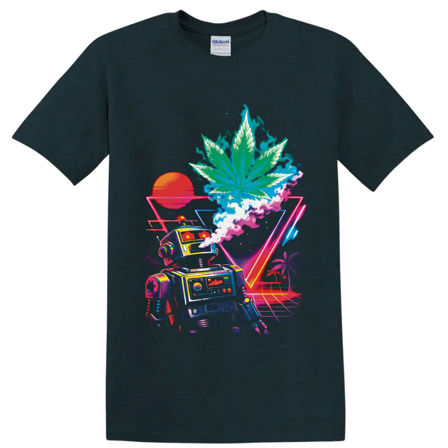 Neon vaporwave robot beneath a giant cannabis leaf with sunset, palms, and grid on a Midnight (Green) T Shirt