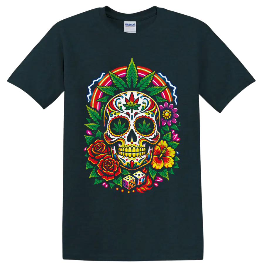 Psychedelic cannabis sugar skull with flowers, dice, flames, and rainbow arch on a Midnight (Green) T Shirt