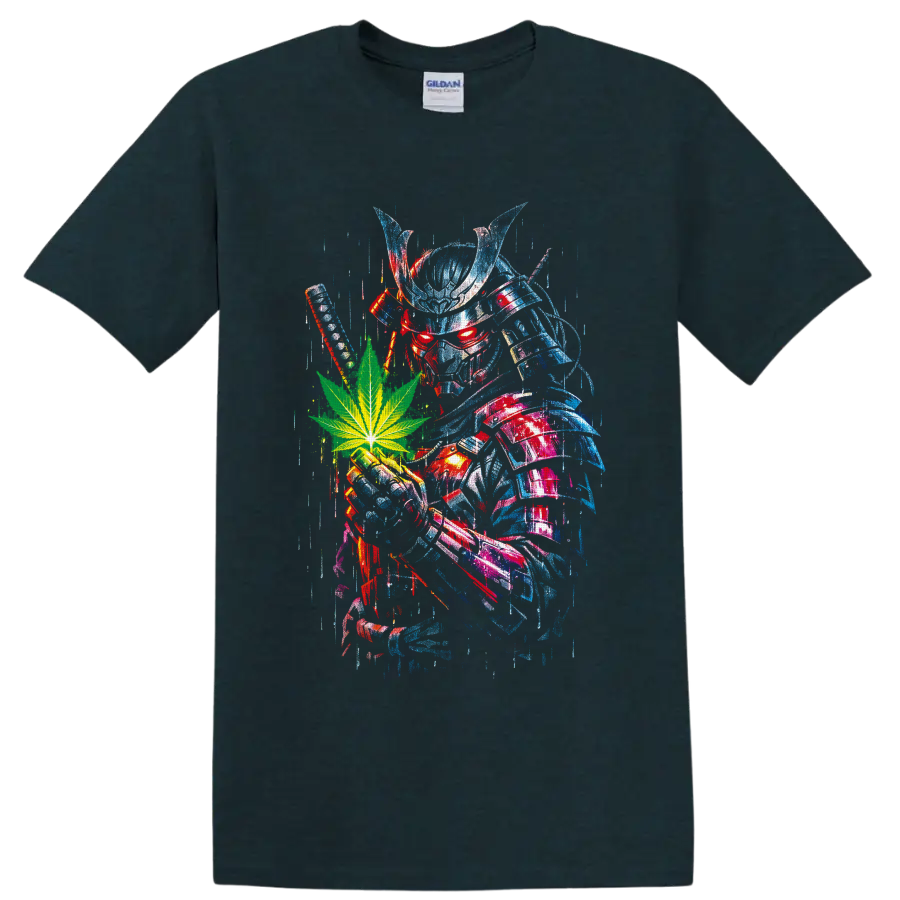 Cyber rabbit skull with green cannabis leaf in distressed blue and red glitch art on a Midnight (Green) T Shirt