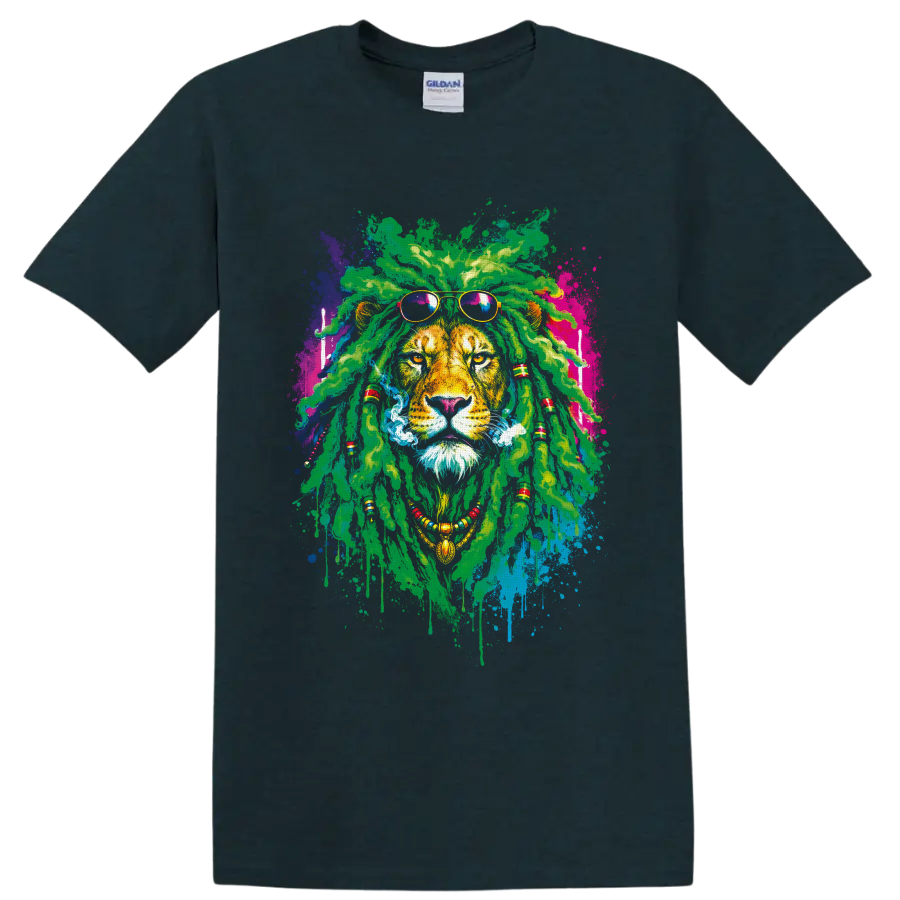 Rasta lion portrait with green dreadlocks, sunglasses, beads, smoke, and paint splashes on a Midnight (Green) T Shirt