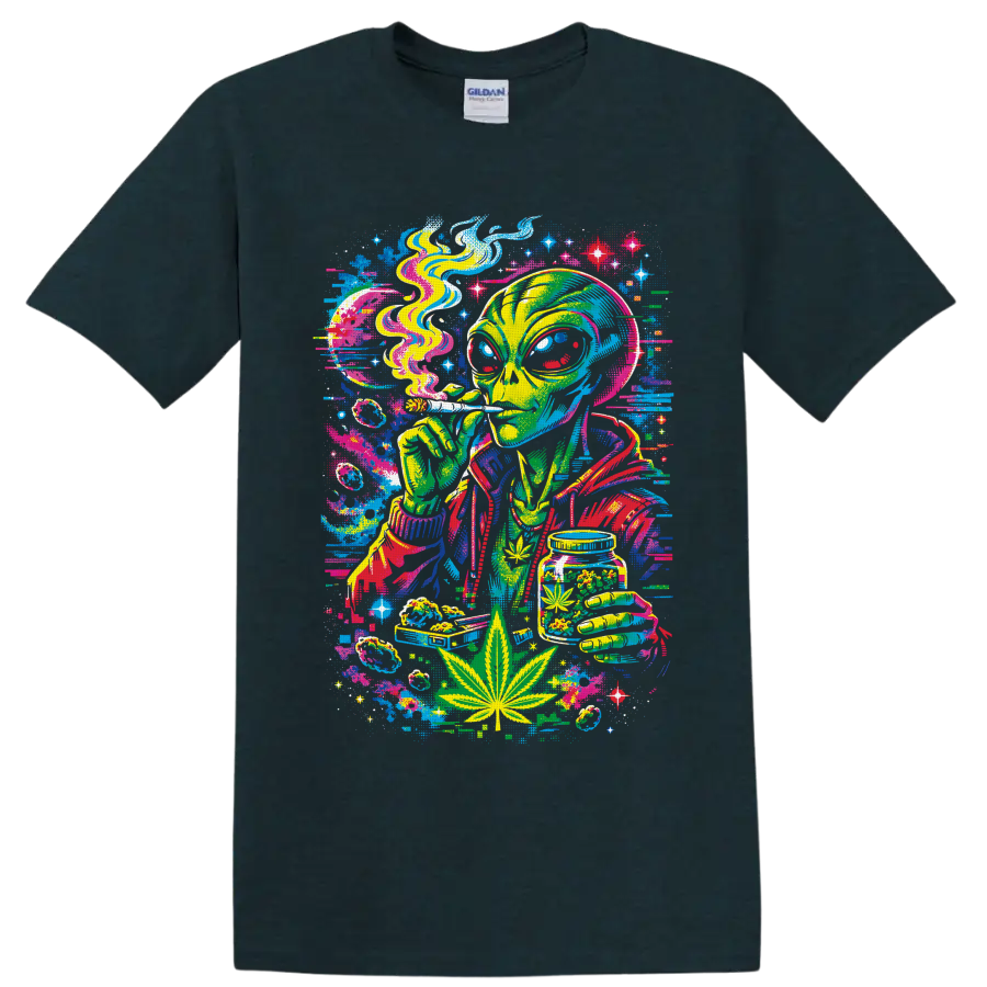 Psychedelic cannabis alien holding a smoking roll and cannabis jar in neon cosmic art on a Midnight (Green) T Shirt