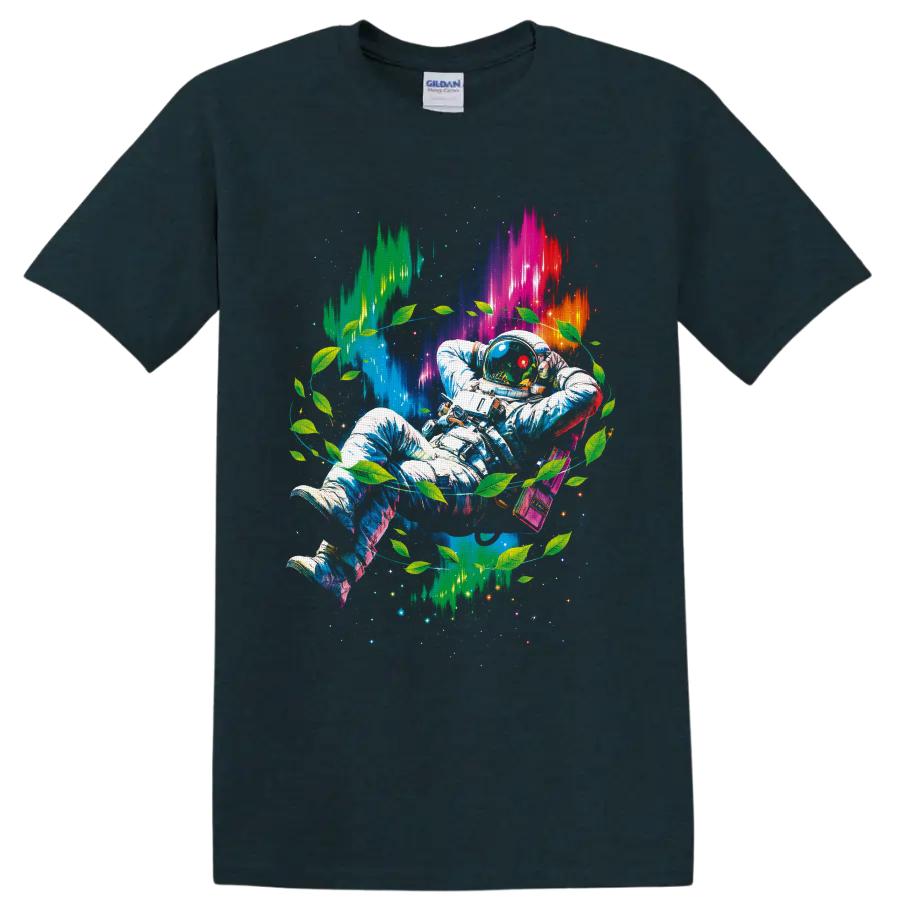 Psychedelic astronaut with green leaves, neon cosmic light, stars, and pixel bursts on a Midnight (Green) T Shirt