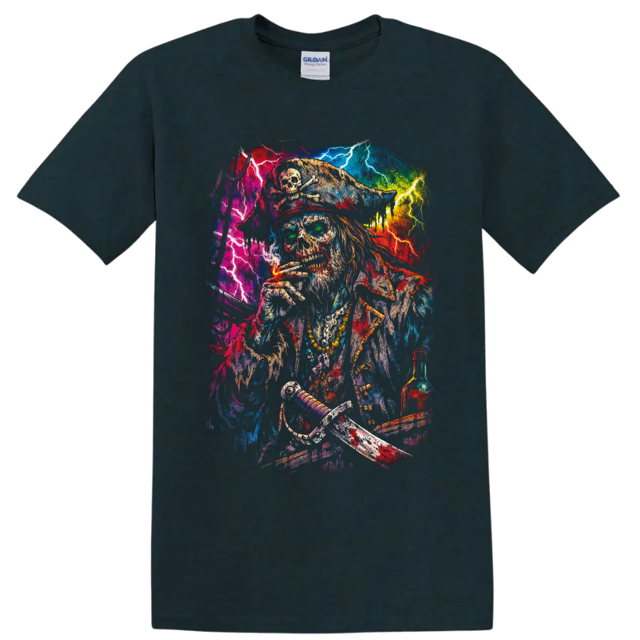 Psychedelic cannabis pirate skeleton with lightning, crossed swords, and bottle on a Midnight (Green) T Shirt