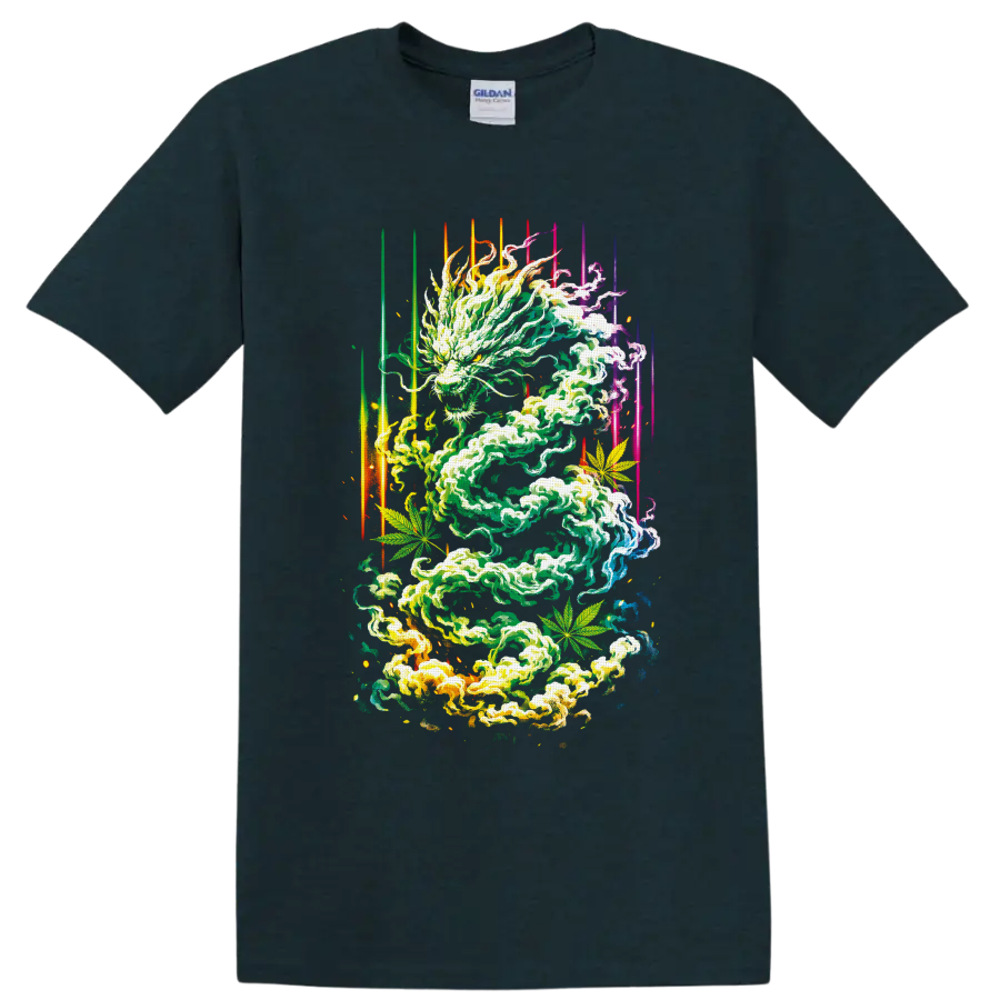 Psychedelic cannabis smoke dragon with leaves and neon light streaks on a Midnight (Green) T Shirt