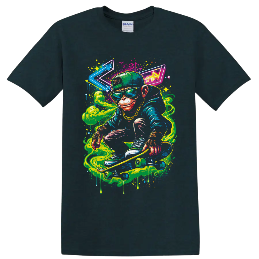 Neon graffiti-style monkey skateboarder with cannabis leaf cap, green smoke, and paint on a Midnight (Green) T Shirt