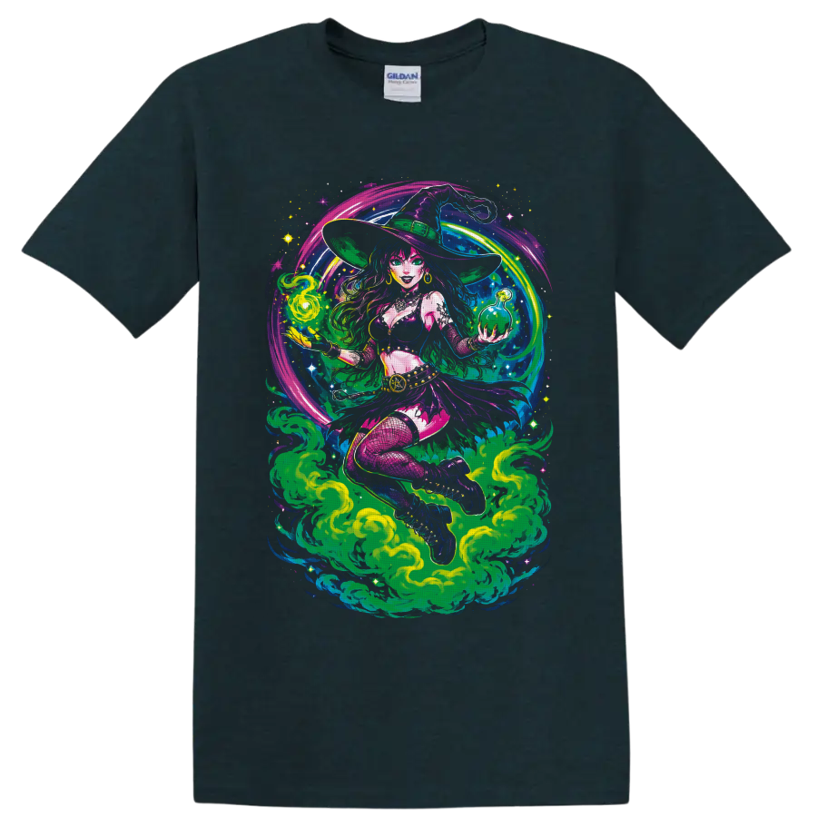 Psychedelic cannabis witch holding green potion orb amid swirling smoke and stars on a Midnight (Green) T Shirt