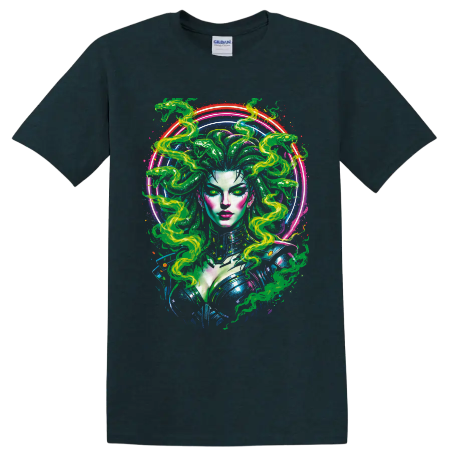 Psychedelic Medusa portrait with green serpent hair and glowing neon rings on a Midnight (Green) T Shirt