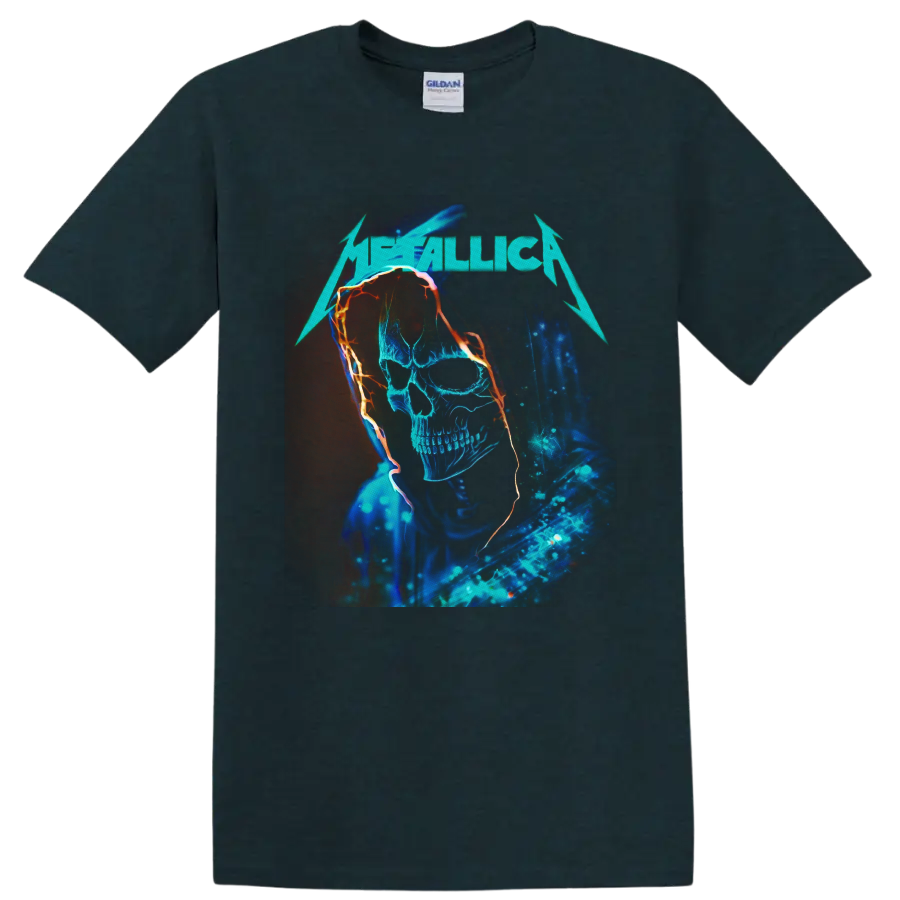 Metallica logo above a neon blue hooded skull with fiery orange outlines on a Midnight (Green) T Shirt
