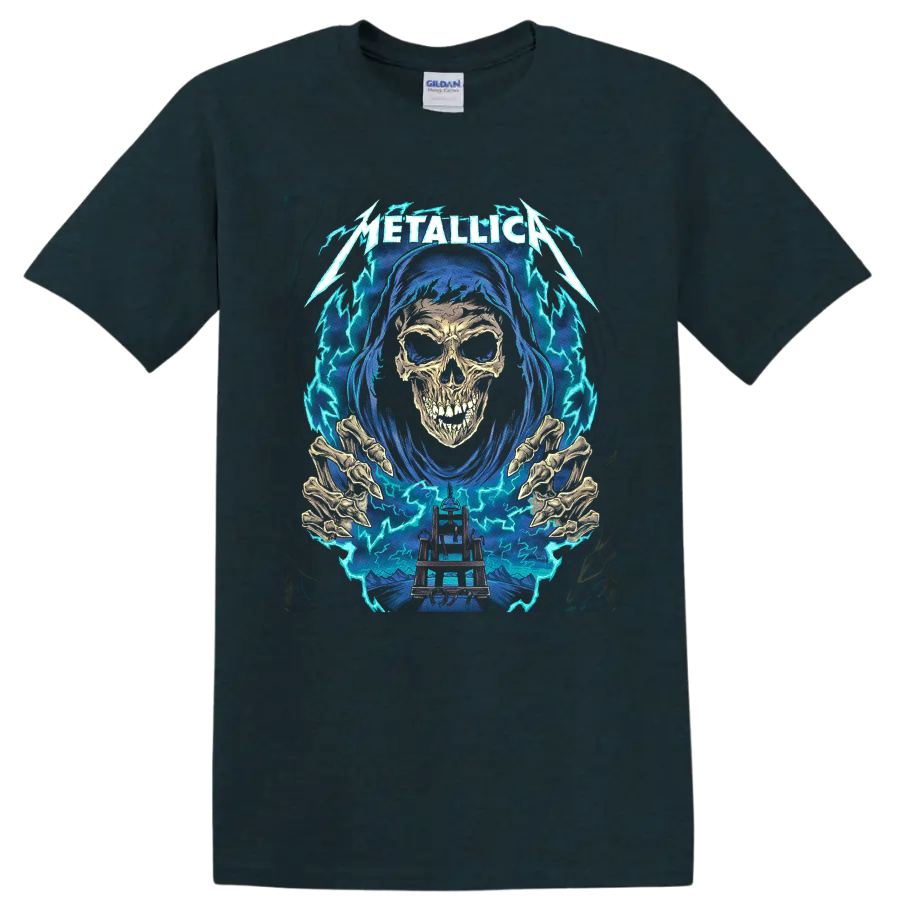 Metallica logo with hooded skull, skeletal hands, electric chair, and lightning graphic on a Midnight (Green) T Shirt