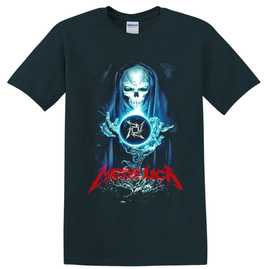 Metallica reaper with crystal ball, blue energy, and red band lettering on a Midnight (Green) T Shirt