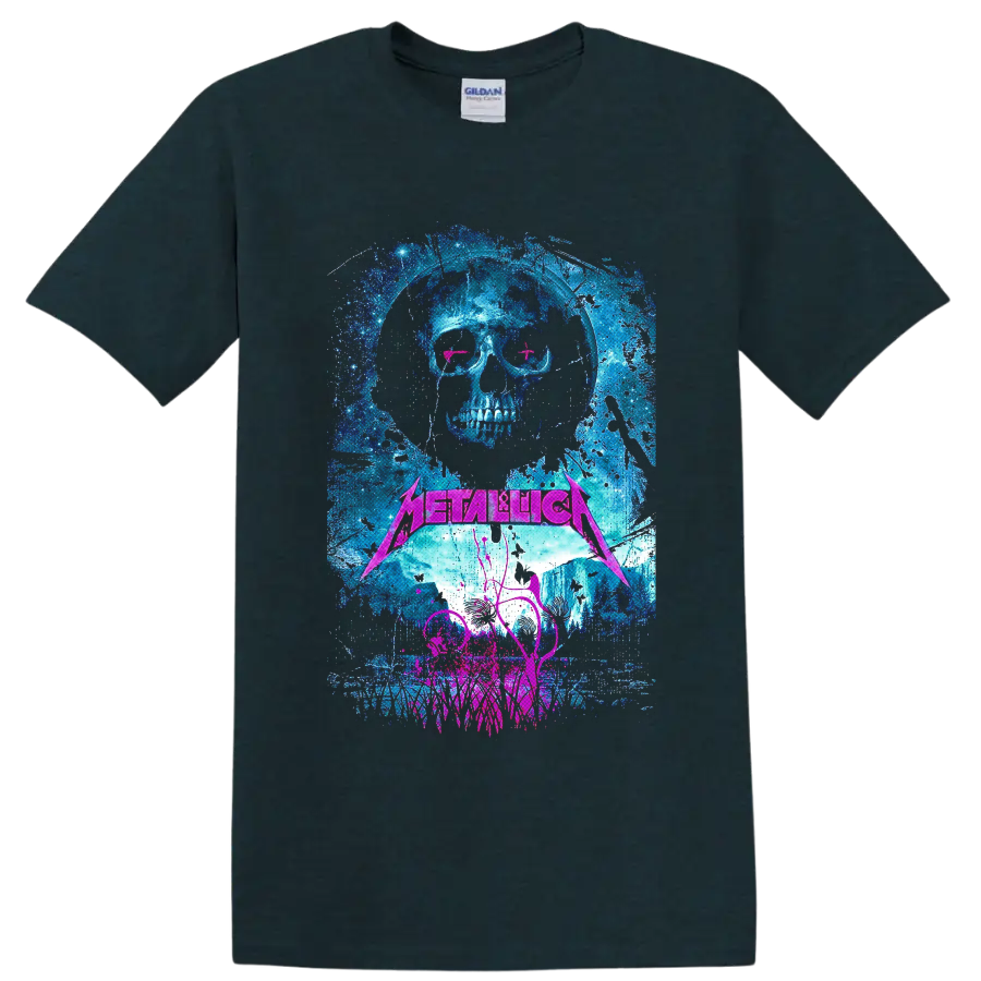 Distressed Metallica skull graphic with neon pink eyes, blue splatter, and pink logo on a Midnight (Green) T Shirt