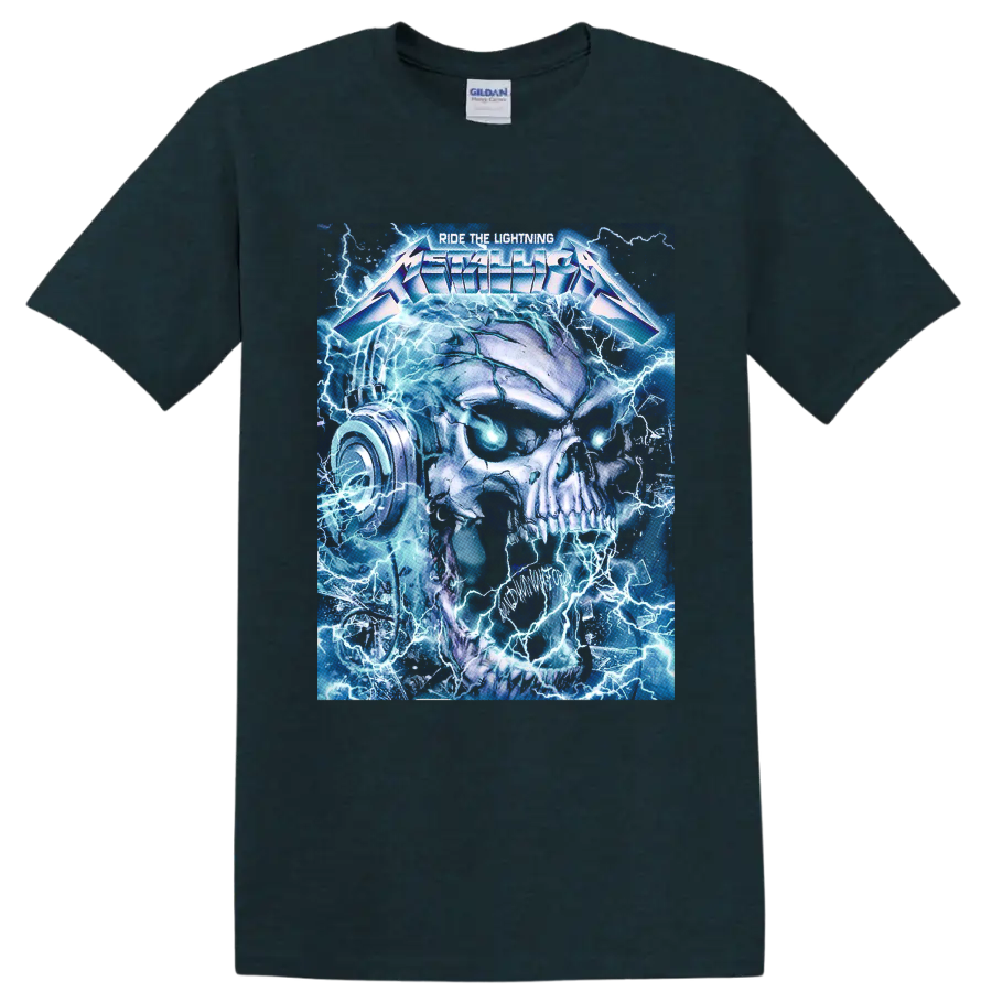 Metallica Ride the Lightning skull with blue lightning and glowing eyes on a Midnight (Green) T Shirt