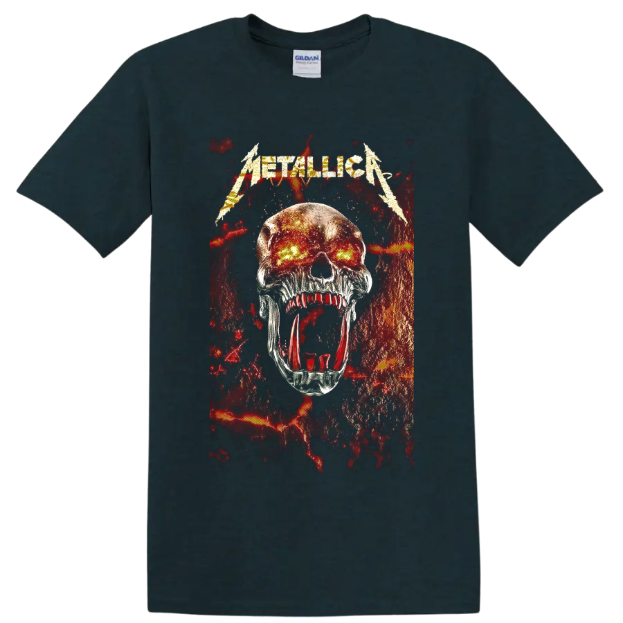 Metallica logo above a fiery-eyed skull in distressed red and black heavy metal art on a Midnight (Green) T Shirt