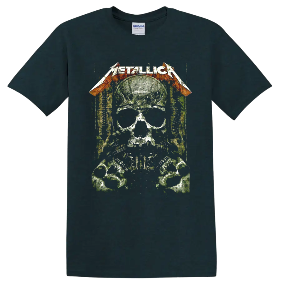 Metallica logo over distressed skull soldier with helmet, sunglasses, dog tags, and skulls on a Midnight (Green) T Shirt