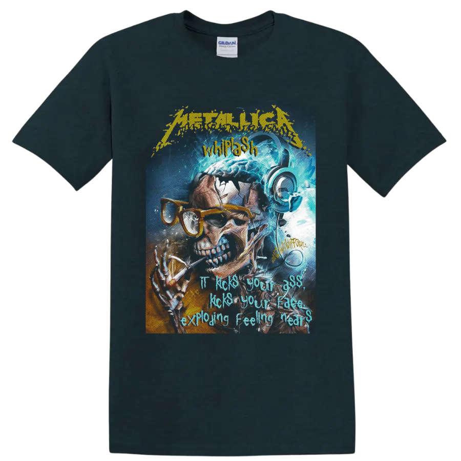 Metallica Whiplash skull in orange glasses and headphones with electric blue energy on a Midnight (Green) T Shirt