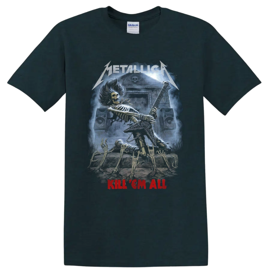 Metallica Kill 'Em All skeletal guitarist graphic with speakers and graveyard scene on a Midnight (Green) T Shirt