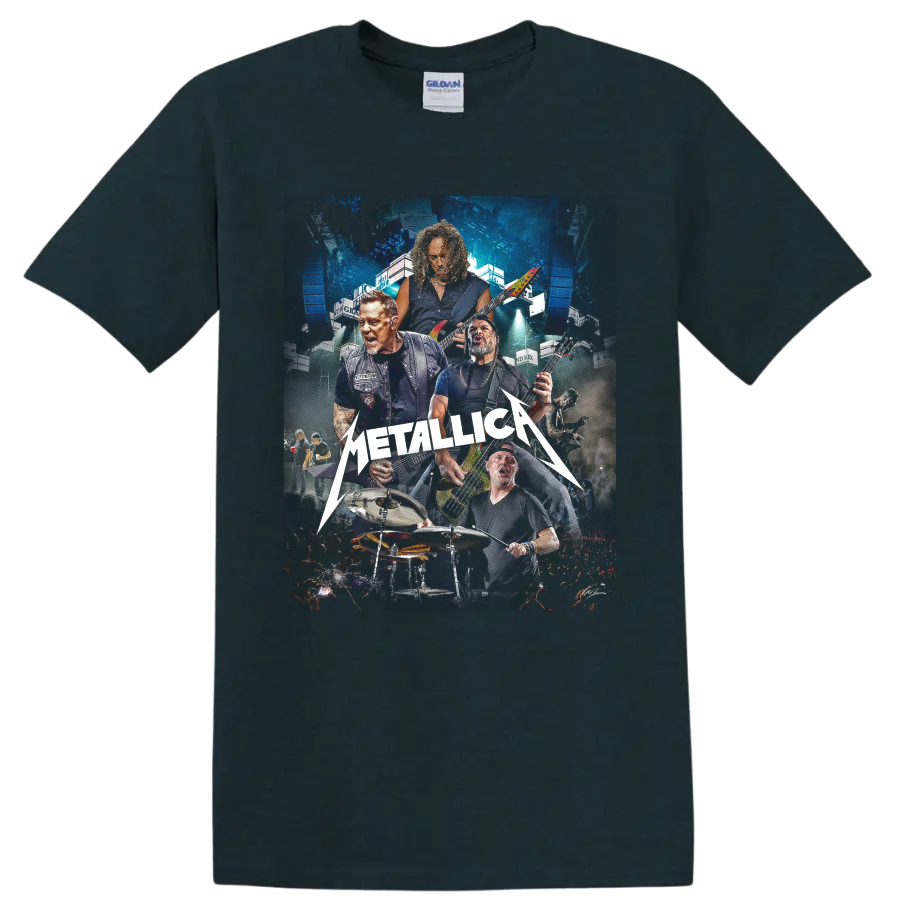 Metallica live concert collage with musicians, guitars, drums, arena lights, and logo on a Midnight (Green) T Shirt