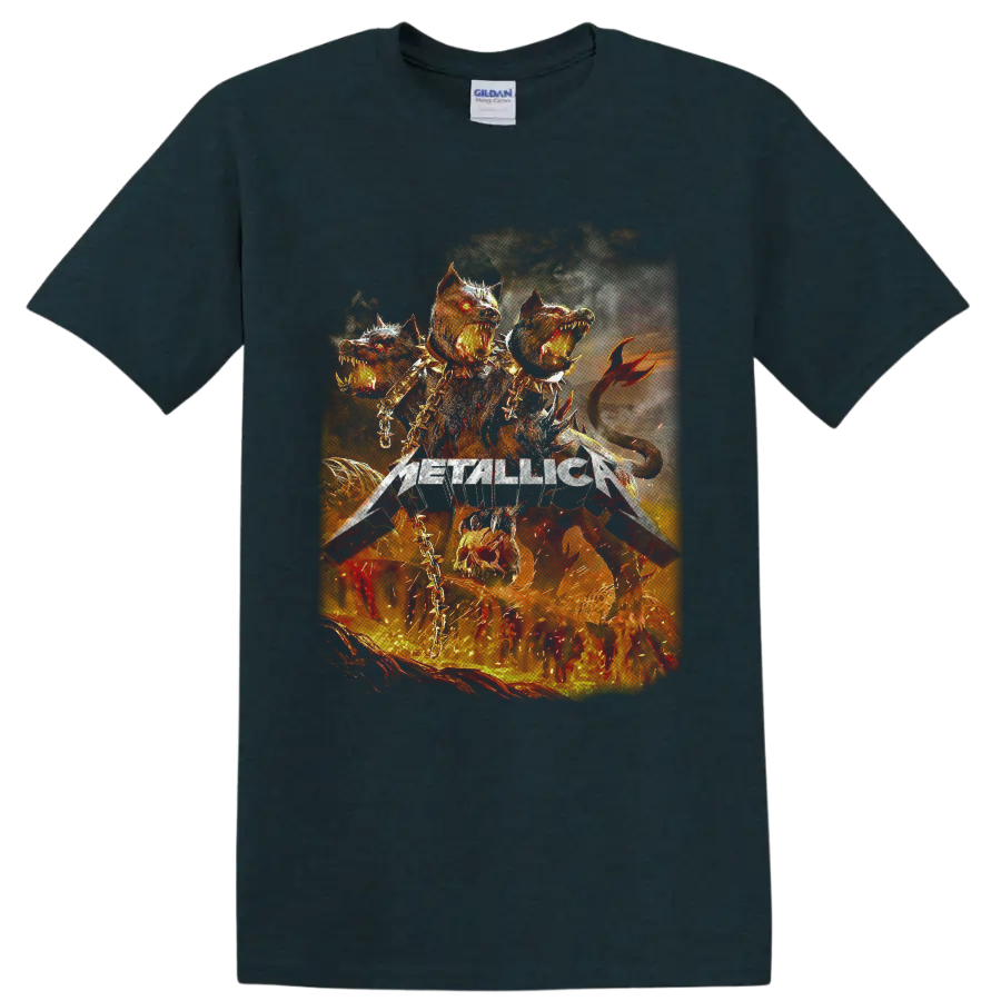 Metallica logo with fiery three-headed infernal hound, chains, spikes, and flames on a Midnight (Green) T Shirt