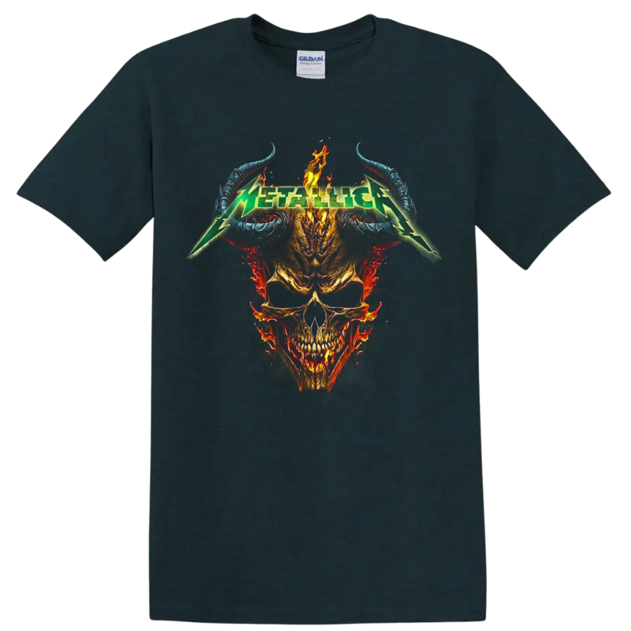 Metallica green logo over a flaming skull with curved blue horns and smoky metal artwork on a Midnight (Green) T Shirt