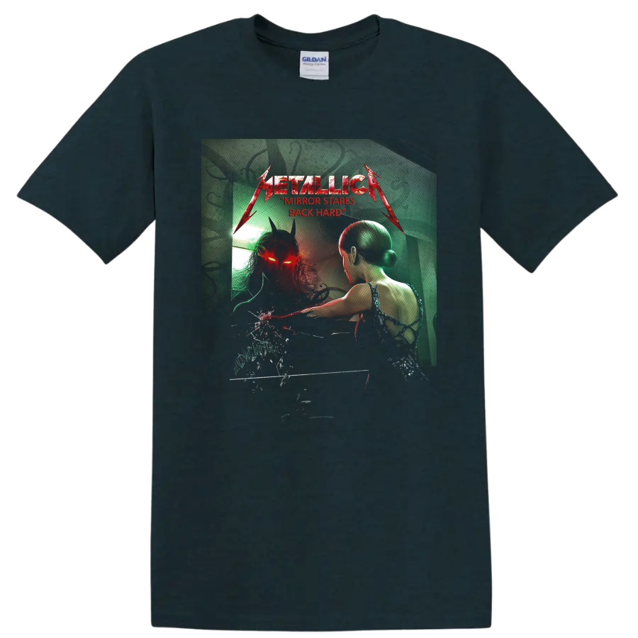 Metallica Mirror Stares Back horror graphic with horned red-eyed mirror reflection on a Midnight (Green) T Shirt