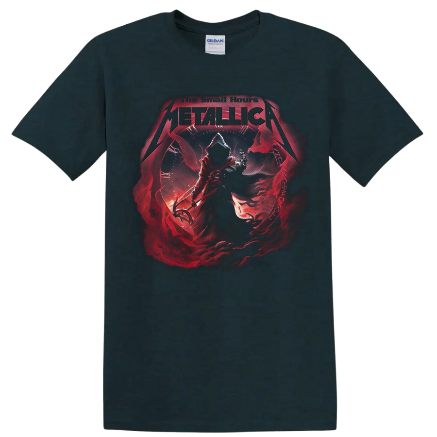 Metallica The Small Hours gothic grim reaper and red clock graphic on a Midnight (Green) T Shirt