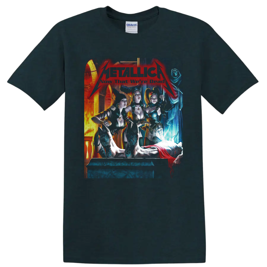 Metallica Kill 'Em All gothic horror artwork with horned women and a hooded skeleton on a Midnight (Green) T Shirt
