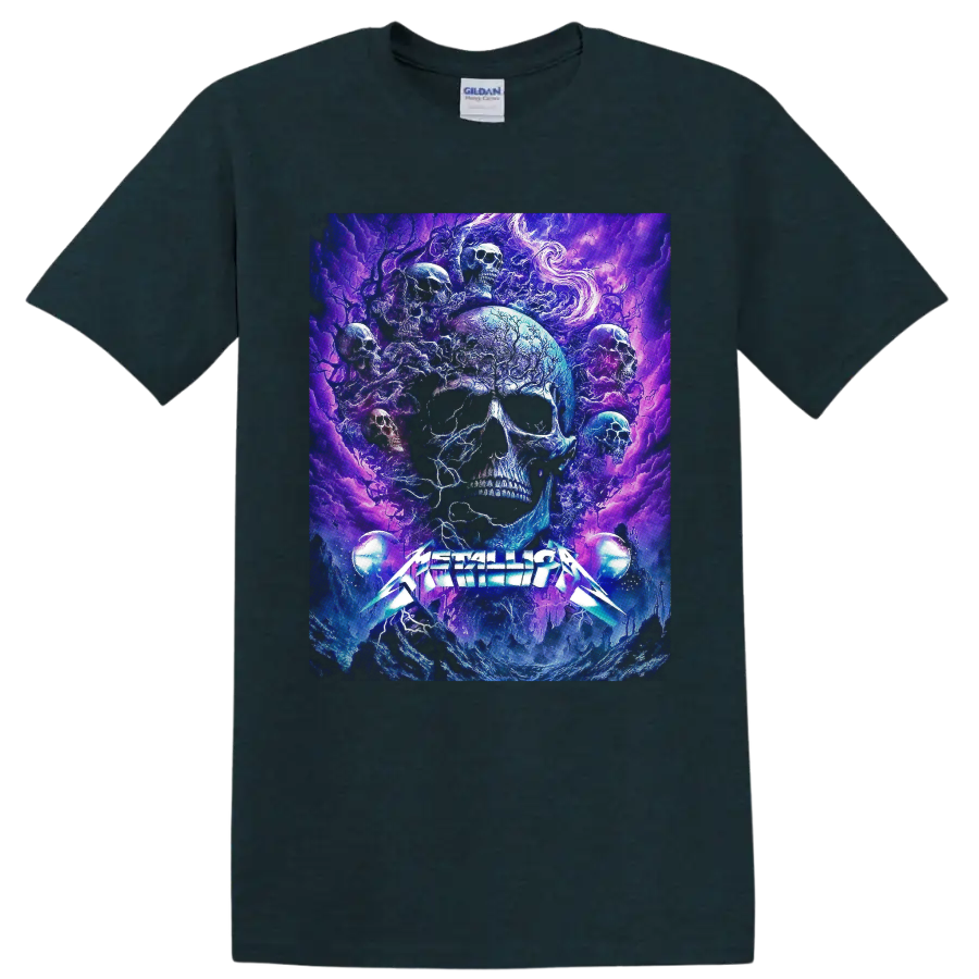 Metallica logo beneath psychedelic blue and purple skull cosmic artwork on a Midnight (Green) T Shirt