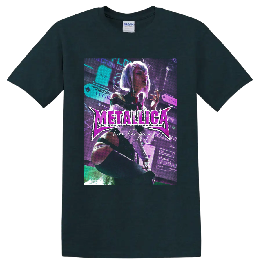 Metallica Turn the Page neon cyberpunk woman graphic with futuristic interface on a Midnight (Green) T Shirt